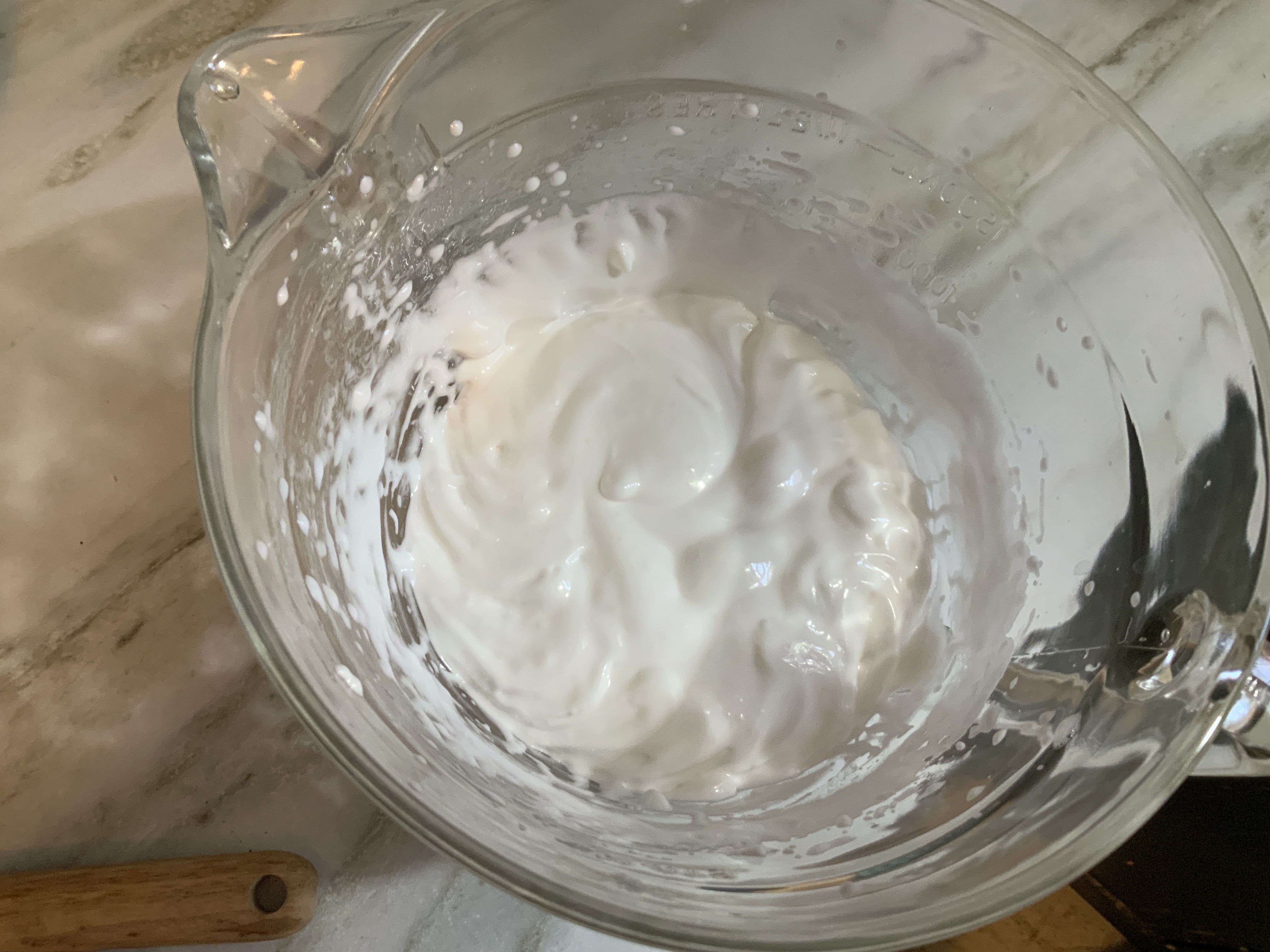 “Meringue ready to fold into the almond/sugar/egg white paste”